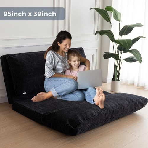 MAXYOYO Folding Sofa Bed, Extra Thick and Long Floor Sofa Convertible Chair with Washable Cover, Floor Couch Lounge Bean Bag Bed for Living Room, Black, 39x91 Inch | Extra Thick with Washable Cover, Chaise Lounge, Bean Bag Couch Bed for Bedroom Living Roo