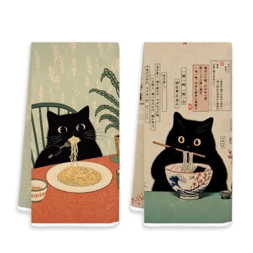 Japanese Foodie Black Cat Kitchen Dish Hand Towels 16x24 Set of 2 | Black Cat Gifts for Women, Ramen Lover Gifts Decorative Hand Tea Towels for Kitchen Dining Room - color: White-food Cat Set 2