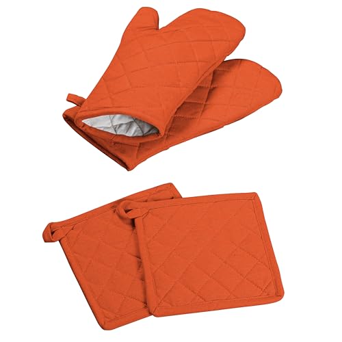 Oven Mitt (7"x13") & Pot Holder (8"x8") 100% Cotton Set of Heat Resistant Oven Gloves & Hot Pads for Gifts, BBQ, Cooking, Baking, Thanksgiving - Orange - color: Orange