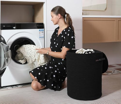 16"x20" Extra Large Cotton Rope Basket with Zipper Lid, Woven Laundry Hamper and Blanket Storage Basket, Round Clothes Bin for Living Room Bedroom, Black - color: All Black