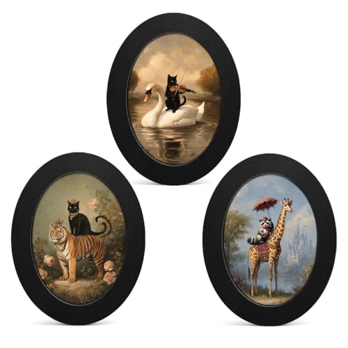 3Pcs Vintage Funny Animal Oval Wall Art Framed Whimsical Portrait Decor | Fantasy Animal Canvas Prints Hanging Decor for Home Living Room Bedroom Quirky Wall Art - color: color-N