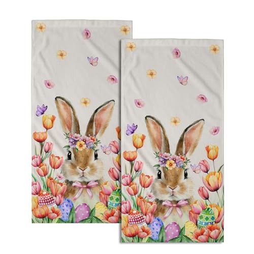 Imiss Rabbit Hand Towels 2 Pcs Spring Tulip Flowers Cute Bunny Holiday Decoration Guest Towel 14.4 x 28.3 Inch Easter Kitchen Dish Towel for Bathroom,Gym,Spa,Hotel Decor - color: Bunny