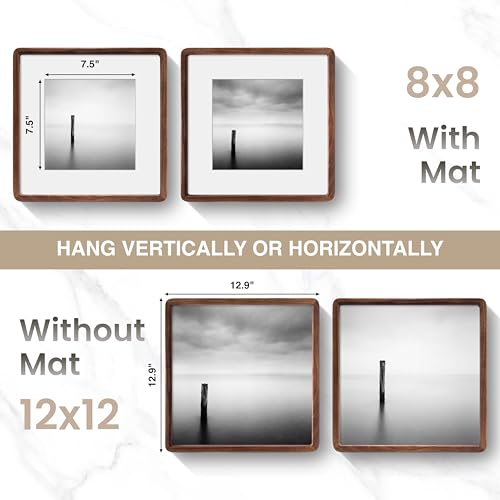 Acovy 12x12in Picture Frame, Natural Solid Walnut | Handcrafted Wooden Photo Frame, Dual Use for Wall Mount, Matted to Fit 8"x8" Photos, HD Tempered Glass - color: Walnut, size: 12x12in