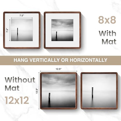 Acovy 12x12in Picture Frame, Natural Solid Walnut | Handcrafted Wooden Photo Frame, Dual Use for Wall Mount, Matted to Fit 8"x8" Photos, HD Tempered Glass - color: Walnut, size: 12x12in