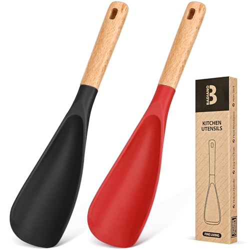 Cooking Spoon for Nonstick Cookwares, Great for Cooking and Serving Sturdy BPA-Free Matte Silicone, Wood Handle Spoon for Mixing, Scoop, and Scrape (Black & Red, 11.4 inch) - color: Black/Red, size: 11.4 inch