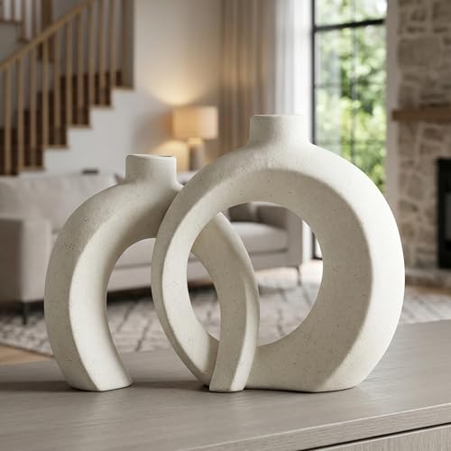 Interlocked Decorative Vase Set of 2 | Matte Sand-Textured Ceramic Vases for Modern Japandi & Boho Home Decor, Standalone or with Flowers for Mantel, Shelf, Entryway Console Table (Matte Cream White) - color: Matte Cream White