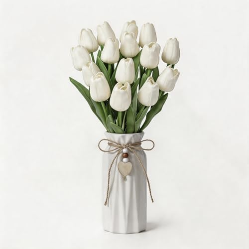 Artificial Tulip Flower Arrangement in Ceramic Vase with Rustic Heart Charm, 15 PCS PU Real Touch Faux Floral Table Centerpiece for Home, Dining Table, Wedding Décor, White - color: White