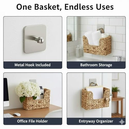Handwoven Water Hyacinth Wall Basket Storage with Non-Trace Nails - Decorative Hanging Magazine File Holder & Mail Organizer for Wall or Desk - Damage-Free Wicker Book Basket for Office & Home
