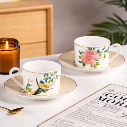 KAMMAK Tea Cups and Saucers Set of 2, Porcelain Coffee Cups, JBE004 | Stackable Espresso Mugs, Ceramic Demitasse for Coffee, Cappuccino, Latte, Americano, Tea - size: 8CZJBE004