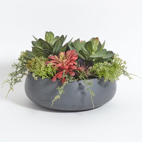 CG Hunter Faux Succulent Arrangement, Premium Artificial Indoor Plant Enhances Interior Design, Display on Any Surface in Your Home Adding an Inviting Touch of Nature, Grey Planter Pot Included - size: 14" Round Grey
