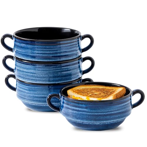 HASENSE Ceramic Soup Bowls with Handles, 20 Oz French Onion Soup Crocks Set of 4, Stackable Serving Bowls for Stew, Chili, Cereal & More, Oven Microwave Dishwasher Safe, Blue - color: Blue, size: Set of 4