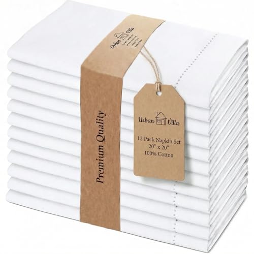 Urban Villa Cloth Napkins White Hemstitch Dinner Napkins Set of 12 (20X20) 100% Cotton Absorbent Washable Durable Reusable Ideal for Hotel Collection Farmhouse Parties Restaurant Lunch Dinner Napkins - color: 002 White - Hemstitch, size: 20" x 20" (Set of