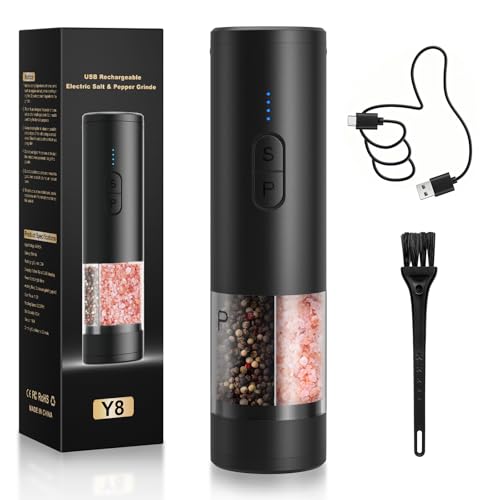 Electric Salt and Pepper Grinder Set Shakers 2 IN 1-Rechargeable Automatic Pepper Mill,with LED Lighting,Adjustable Grinder,Large Capacity-Ideal for Kitchen,BBQ,Ideal Kitchen Gifts (Black) - color: Black
