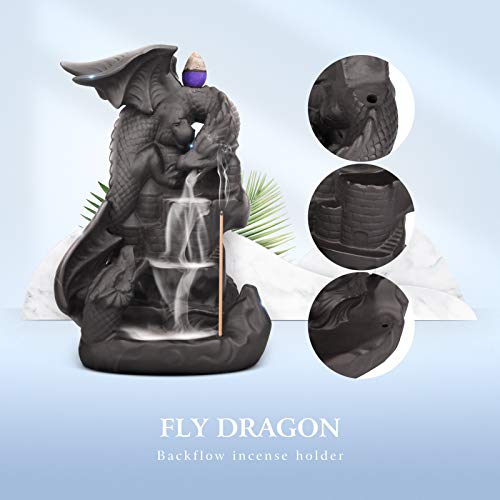 Ceramic Dragon Backflow Incense Holder Waterfall Incense Burner, Smoke Incense Holder, with 70 Backflow Incense Cones + 50 Incense Stick, 1 Mat, 1 Tweezers Home Decor (Brown-Light Dragon) - color: Brown-light Dragon