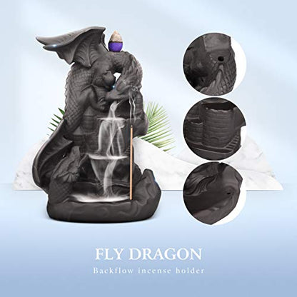 Ceramic Dragon Backflow Incense Holder Waterfall Incense Burner, Smoke Incense Holder, with 70 Backflow Incense Cones + 50 Incense Stick, 1 Mat, 1 Tweezers Home Decor (Brown-Light Dragon) - color: Brown-light Dragon