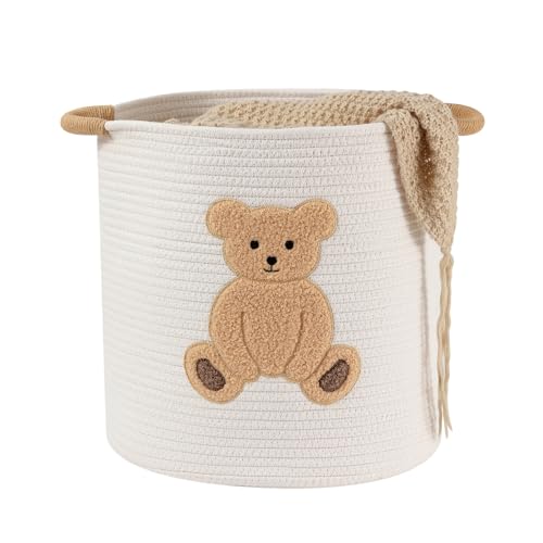 Large Blanket Baskets for Living Room, Teddy Bear Baskets Toy Storage Basket, 14" x 14" Woven Cotton Rope Basket for Kids, Toys Organizer Clothes Hamper with Embroidery, Teddy Bear Nursery Decor - color: Bear, size: Large