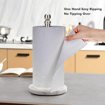 Exilon Paper Towel Holder Countertop with Heavy Marble Base, Standing Paper Towel Roll Holder for Kitchen Bathroom, with Weighted Base for One-Handed Operation - color: Brushed Nickel
