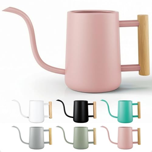 Metal Small Indoor Watering Can with Long Spout & Real Wood Handle, 35oz | Long Spout, Stainless Steel, Real Wood Handle, Gentle Flow, No Spills, Suitable for House Plants, Succulents & Seedlings - color: Pink