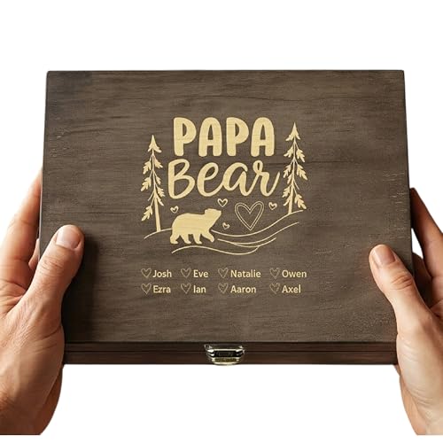 Personalized Wooden Memory Box for Dad – Custom Engraved Papa Bear Keepsake Box with Names, Father’s Day Gift for Gradpa Daddy, Photo Storage & Memory Chest - style: 17. Papa Bear Designs