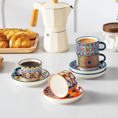 vancasso 4 Oz Bohemian Espresso Cup Set of 4, Ceramic with Saucers | Microwave and Dishwasher Safe, Easy Clean, For Cappuccino, Tea, Latte, Espresso, Stackable Design with Metal Display Stand - size: 4 Oz