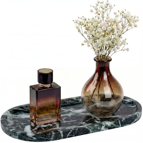 YKAJO Snowflake Green Oval Marble Tray, 11.8x5.9 Vanity Perfume Organizer | Honed natural stone; jewelry & trinket dish, ring & key holder, soap & candle catchall; bath counter, dresser, coffee table - color: Snowflake Green, size: 11.8" x 5.9" x 0.6"
