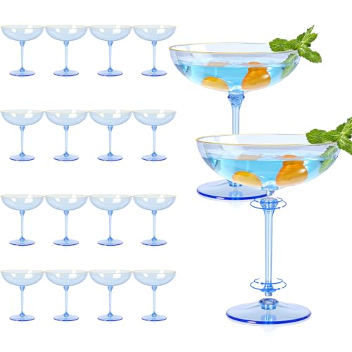 Detachable Martini Glasses 9oz Plastic Blue Champagne Coupe Glasses Gold Rim Hand Blown Vintage Cocktail Glassware Set Unique Martini Glass For Wine Wedding (24, Clear Blue) - color: Clear Blue