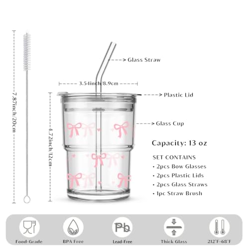 INSETLAN 13 oz Bow Decal Glass Tumblers Set of 2, Thick Wall Glass Cups with Lid and Glass Straw, On-the-Go Coffee Cups for Iced Coffee, Tea, Milk, Hot & Cold Drinks, Travel & Daily Use - color: 13 oz - 2 Pcs - With Bow Decal