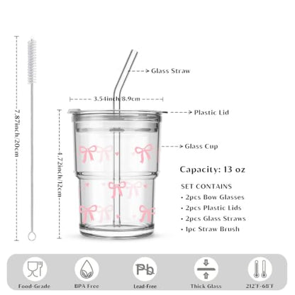 INSETLAN 13 oz Bow Decal Glass Tumblers Set of 2, Thick Wall Glass Cups with Lid and Glass Straw, On-the-Go Coffee Cups for Iced Coffee, Tea, Milk, Hot & Cold Drinks, Travel & Daily Use - color: 13 oz - 2 Pcs - With Bow Decal