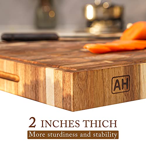 Acacia End Grain Wood Cutting Board 20x15x2 In Thick Butcher Block | Double-Sided Chopping Boards,Wooden Butcher Block,Chopping Board For Kitchen, Juice Groove Handles,Non-Slip Mat - size: 20"L x 15"W