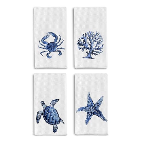 Coastal Kitchen Towels - Set of 4 - Decorative Dish and Hand Towels, 16x24 Inches - Watercolor Crab Coral Sea Turtle Starfish Design - color: Blue, style: Tropical