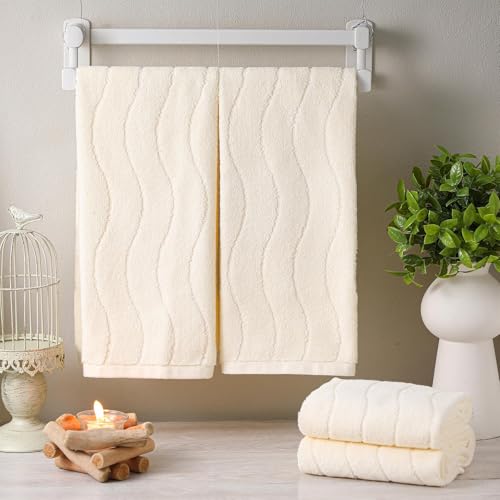 4 Pack Cream Hand Towels for Bathroom 100% Cotton Soft Quick to Dry Towel Wavy Striped Jacquard Towels 14x29 Inch Absorbent Boho Bathroom Decor for Kitchen Festival Gift - color: Cream White
