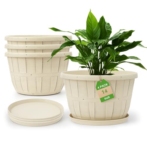 Quarut 4 Pack 14 Inch Large Plastic-Flower-Pots-for-Indoor-Outdoor-Plants | Outdoor Planters Pot with Drainage Holes & Saucers, Resin Decorative Garden Pots Planters(Beige) - color: Beige, size: 14 inch-4 pack