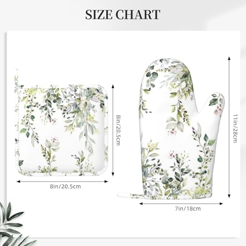 Sage Green Eucalyptus Oven Mitts and Pot Holders Set, 4pcs Silicone Watercolor Butterfly Leaves Oven Glove for Kitchen Heat Resistant Oven Mitts and Potholders Non-Slip for Cooking - color: Sage Green