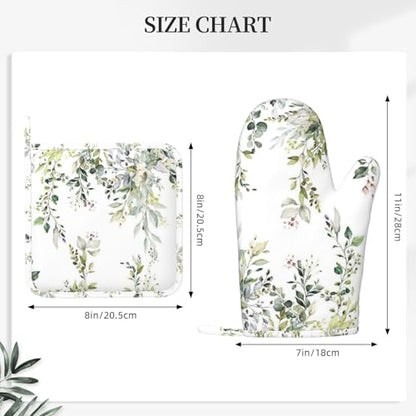 Sage Green Eucalyptus Oven Mitts and Pot Holders Set, 4pcs Silicone Watercolor Butterfly Leaves Oven Glove for Kitchen Heat Resistant Oven Mitts and Potholders Non-Slip for Cooking - color: Sage Green
