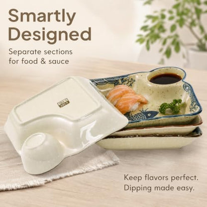 4 Pack Ceramic Dumpling Plate with Dipping Saucer, 7.3 Inch Japanese Sushi Platter, Chip and Dip Plate, Divided Snack Serving Dish for Appetizer, Charcuterie, Dessert, Salad, Entertainment