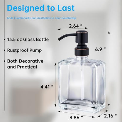 Clear Glass Soap Dispenser with Oil Rubbed Bronze Pump 2 Pack, 13.5 OZ Liquid Soap Dispenser Square with Stainless Steel Pump for Dish Hand Soap Bathroom Kitchen Vanity Countertop - color: Oil Rubbed Bronze, size: 2X13.5 oz
