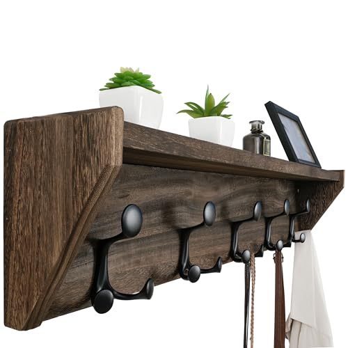 WEBI Wall Shelf with Hooks Underneath,35" Long Wall Mounted Coat Rack with Shelf,Entryway Coat Rack with 5 Triple Hooks for Hanging Coats,Jacket,Hallway,Bedroom,Mudroom,Weathered Brown - color: Weathered Brown, size: 35 Inch