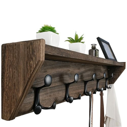 WEBI Wall Shelf with Hooks Underneath,35" Long Wall Mounted Coat Rack with Shelf,Entryway Coat Rack with 5 Triple Hooks for Hanging Coats,Jacket,Hallway,Bedroom,Mudroom,Weathered Brown - color: Weathered Brown, size: 35 Inch