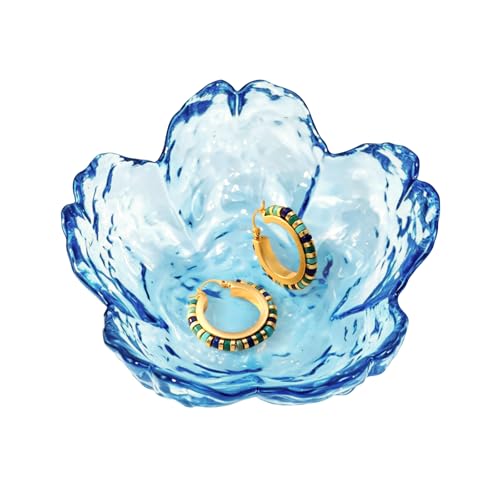 Nirvany Glass Ring Holder Dish, Flower Jewelry Trinket Tray, Blue | Decorative Ring Dish for Rings, Earrings, Necklaces and Keys, Cute Vanity Organizer for Bathroom, Dresser and Nightstand - color: Blue