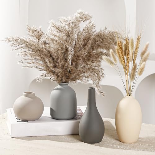Ceramic Vase Set of 4 Small Vases Home Decor Modern Rustic Farmhouse | Pottery Decorative Flower Vases for Pampas Grass Dried Fresh Flowers, Living Room, Bedroom, Table Centerpiece, Mantel, Shelf