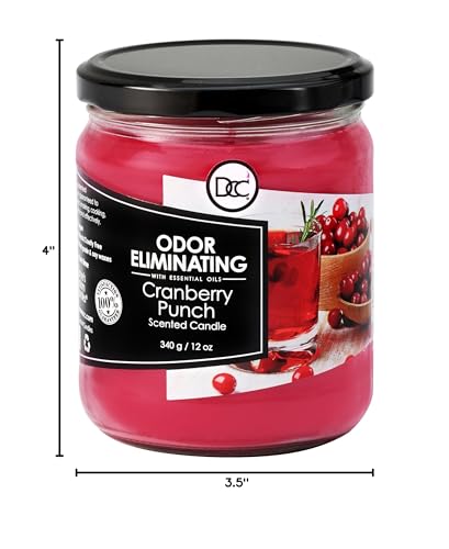 Cranberry Punch Odor Eliminating Highly Fragranced Candle - Eliminates 95% of Pet, Smoke, Food, and Other Smells Quickly - Up to 80 Hour Burn time - 12 Ounce Premium Soy Blend - color: Red