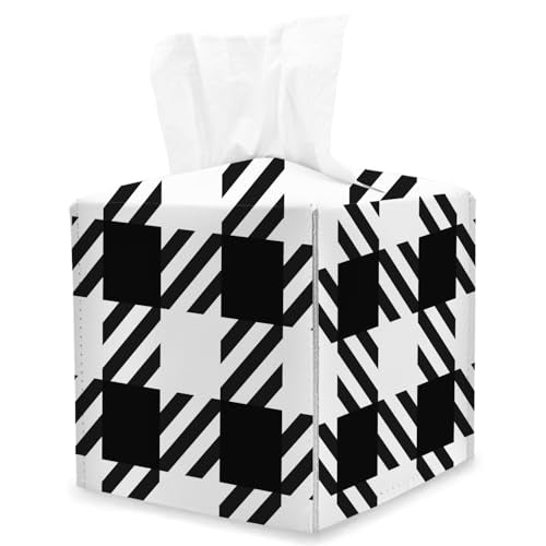Black White Plaid Tissue Box Cover Square, Chessboard Cube Tissue Box Holder, Tabletop Decor Leather Facial Paper Organizer Dispenser for Bathroom Home Car Night Stand Living Room/19 - color: Black White Plaid