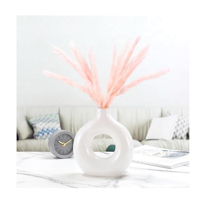 White Ceramic Donut Vase, 6 Inch Modern Flower Vase for Pampas Grass, Dried Flowers, Home & Office Decor, Centerpiece, Handcrafted Gift Vase Only