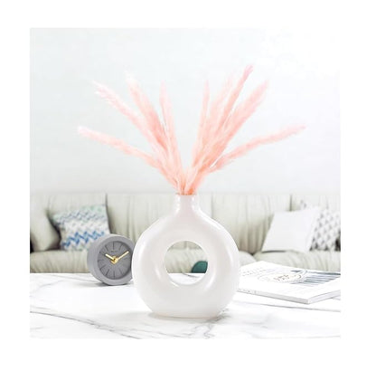 White Ceramic Donut Vase, 6 Inch Modern Flower Vase for Pampas Grass, Dried Flowers, Home & Office Decor, Centerpiece, Handcrafted Gift Vase Only