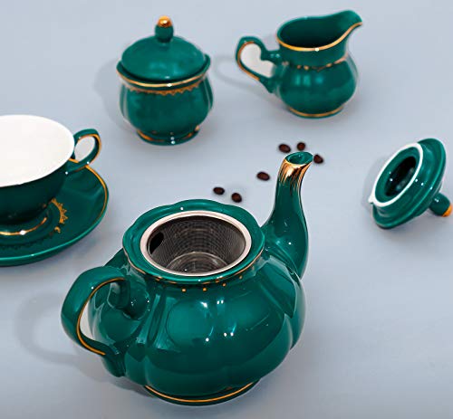 CHENP.HMC Tea Set 22-Piece Porcelain Ceramic Coffee Tea Sets Cups Saucer Service for 6 Teapot Sugar Bowl Creamer Pitcher and Teaspoons Porcelain Tea Set (Dark Green) - color: Dark Green