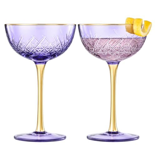 Vintage Art Deco Coupe for Champagne, Martini, Cocktails| Set of 2 | 7 oz Classic Cocktail Glassware - Manhattan, Cosmopolitan, Sidecar, Crystal Speakeasy Style Saucer Goblets with Stems (Purple) - color: Coupe Purple, size: Set of 2