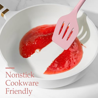 LIANYU Pink Silicone Cooking Utensils Set of 8, Non-Toxic Kitchen Utensils | Include Spatulas Spoons, Heat Resistant Non-Scratch Kitchen Tool, Healthy & Dishwasher Safe - color: Pink