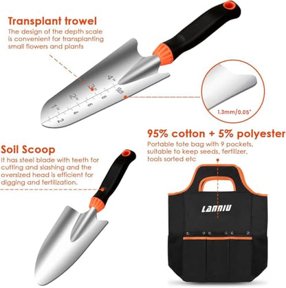9 Piece Garden Tool Set | Heavy Duty Stainless Steel, Ergonomic Non-Slip Rubber Handles, Pruning Shears, Trowel, 600D Storage Tote Bag - style: 9-Piece Black