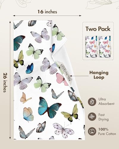 2pcs Cotton Waffle Kitchen Towels, Morpho Butterfly | Waffle Weave, Terry Cloth, Pure Cotton, Sustainable, 16"x26", Highly Absorbent, with Hanging Loop, Giftable Package - color: Morpho Butterfly