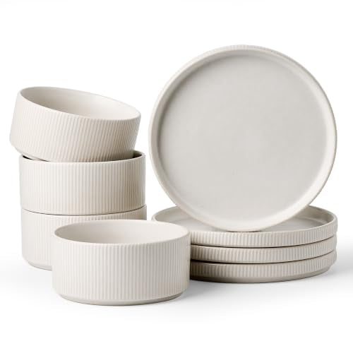 Ceramic Dinnerware Set for 4, 8-Piece Deep Salad Plates and Cereal Bowls | Matte White, Famiware Premium Stoneware Dishes, Chip & Scratch Resistant, Microwave & Dishwasher Safe, Everyday & Serving Use - color: Matte White, size: Service for 4 (8pc) - Smal